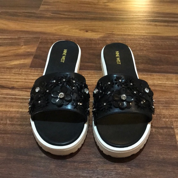 Nine West Shoes - Nine West Black Flower Rhinestone Slide Sandals